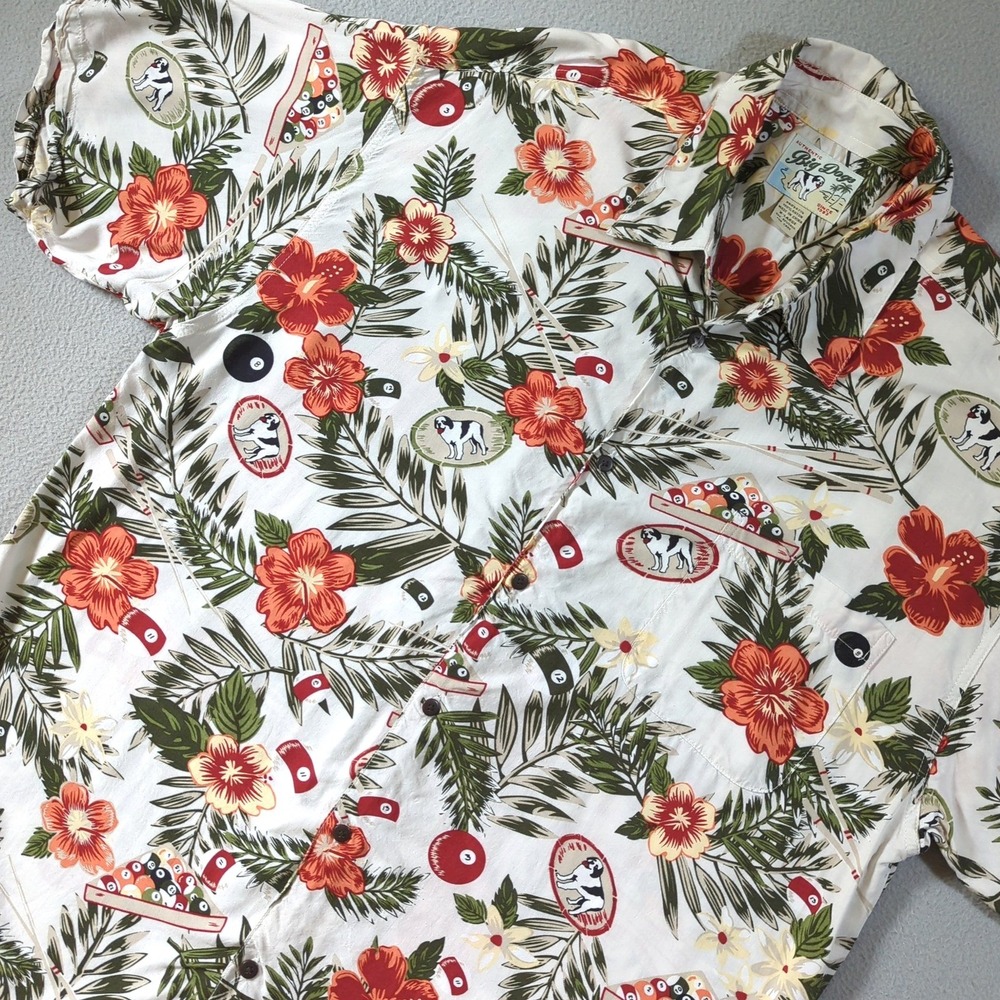 Big Dogs Button Up Shirt Mens XL White Tropical Pool Billiards Rayon Hawaiian‎